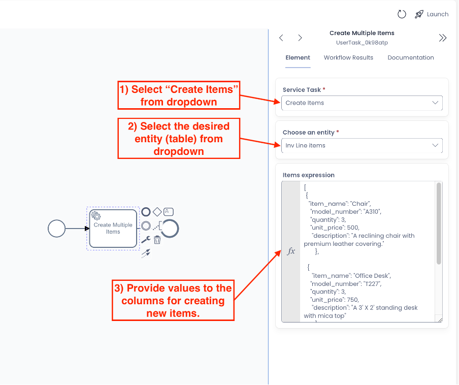 Image showing how to configure Create Items Service Task